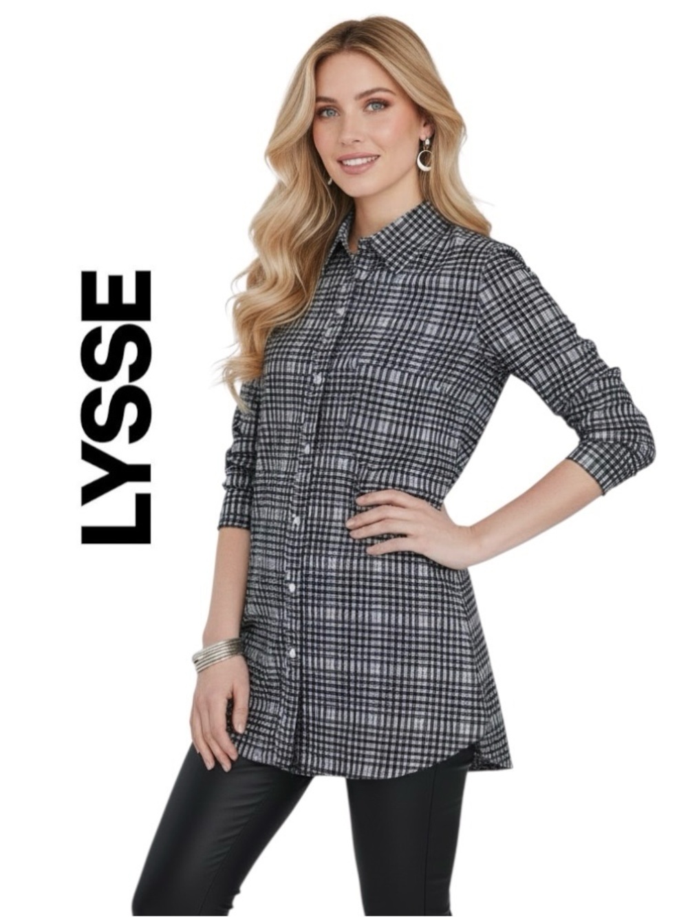 LYSSE Top Schiffer Black Gray Button Down Long Sleeve Curved Hem Blouse Sz M